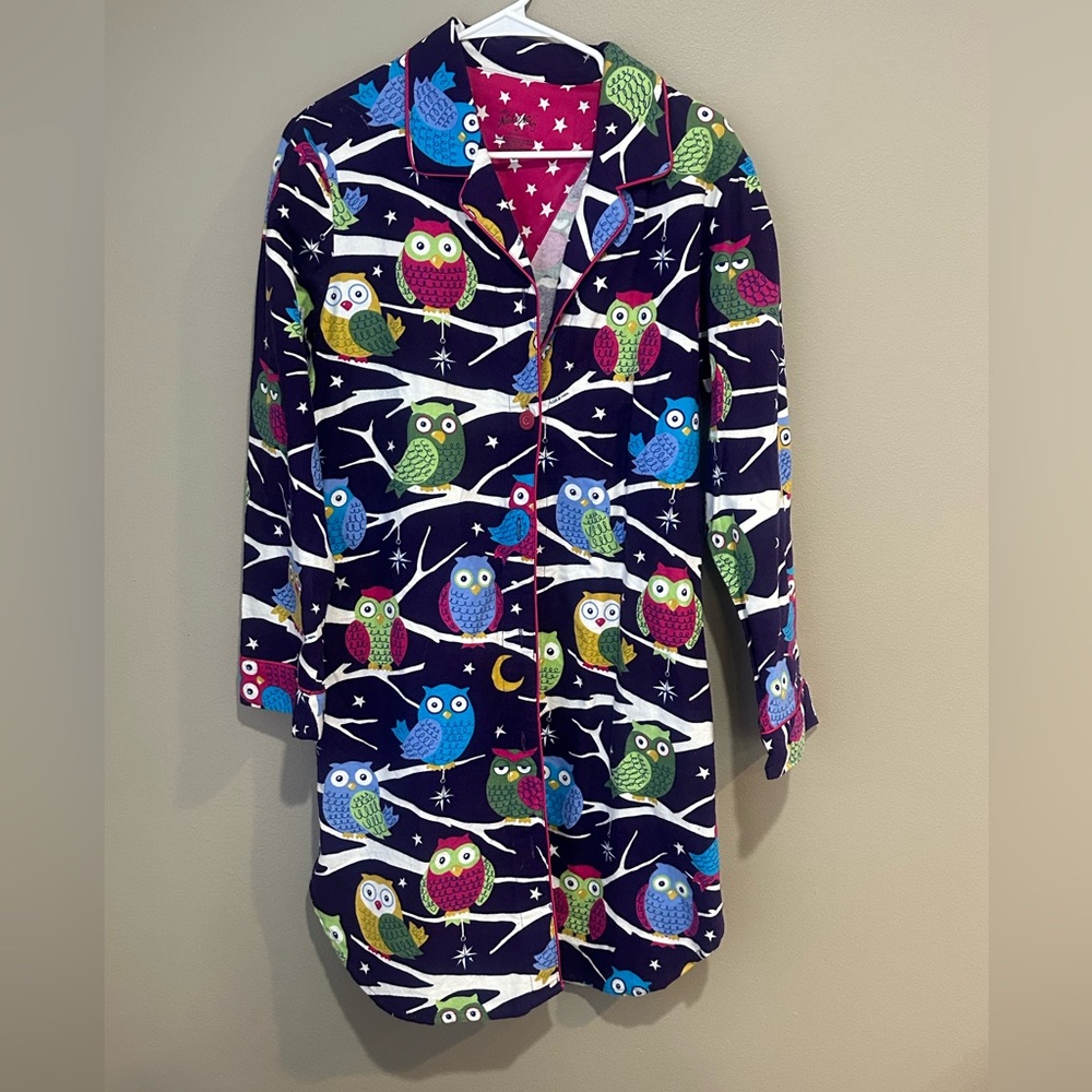 Nick & Nora Size m Sleepshirt Flannel Purple Owls Cotton Pajamas Pockets